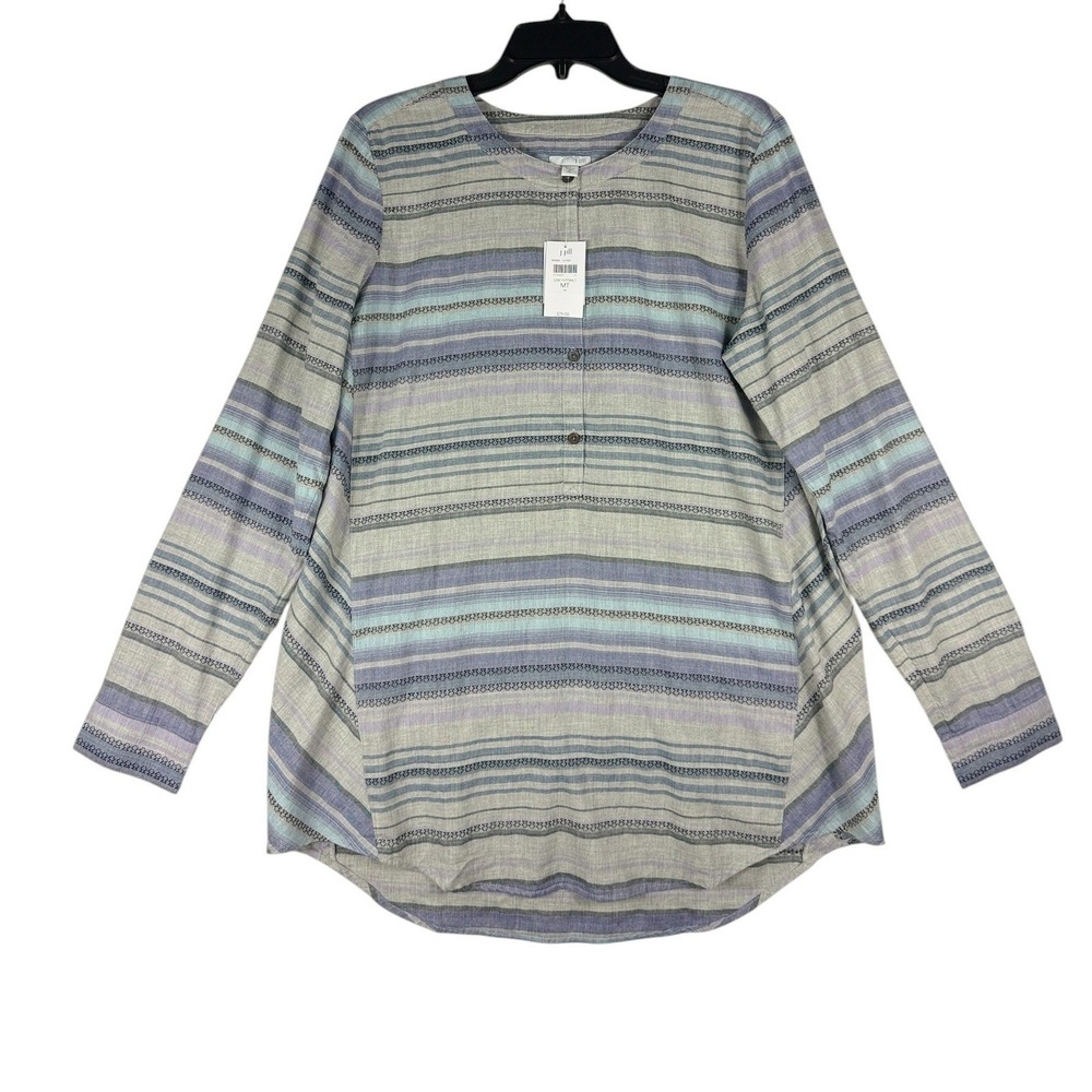 J Jill‎ Grey Multi Stripe Cotton Henley Tunic Blouse Medium Tall MT NWT 053363